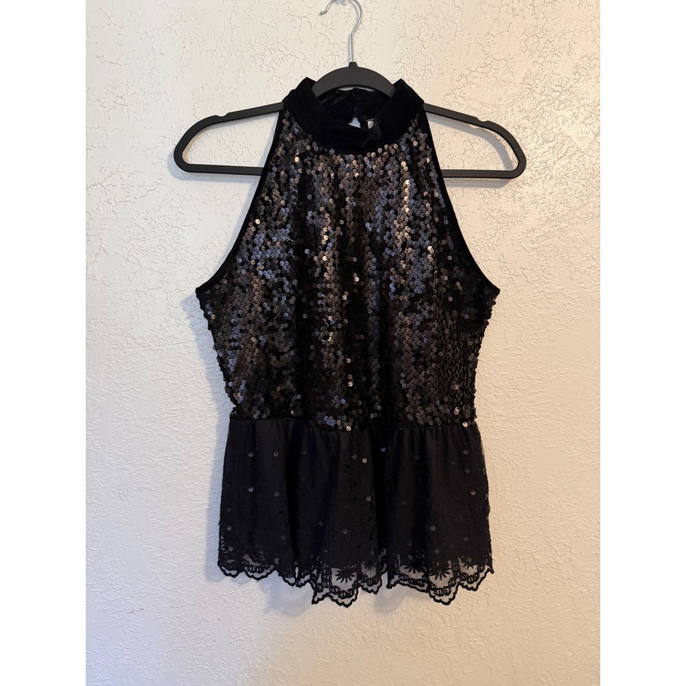 Boston Proper Black Sequin Halter Top Lace Peplum Velvet Neck Keyhole XS - Picture 7 of 8